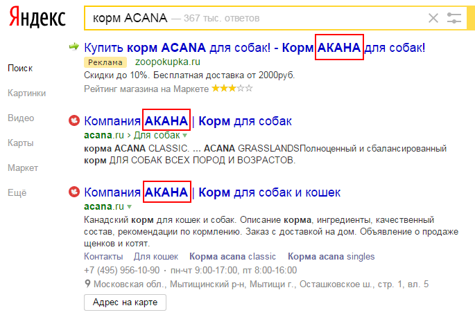 Синонимы в выдаче Яндекса