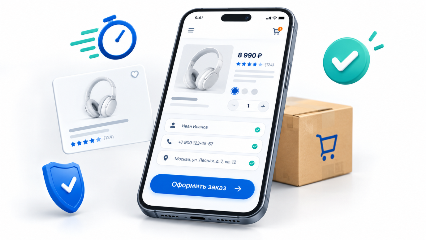 Проверка оформления заказа на смартфоне: форма, контакты и кнопка заказа