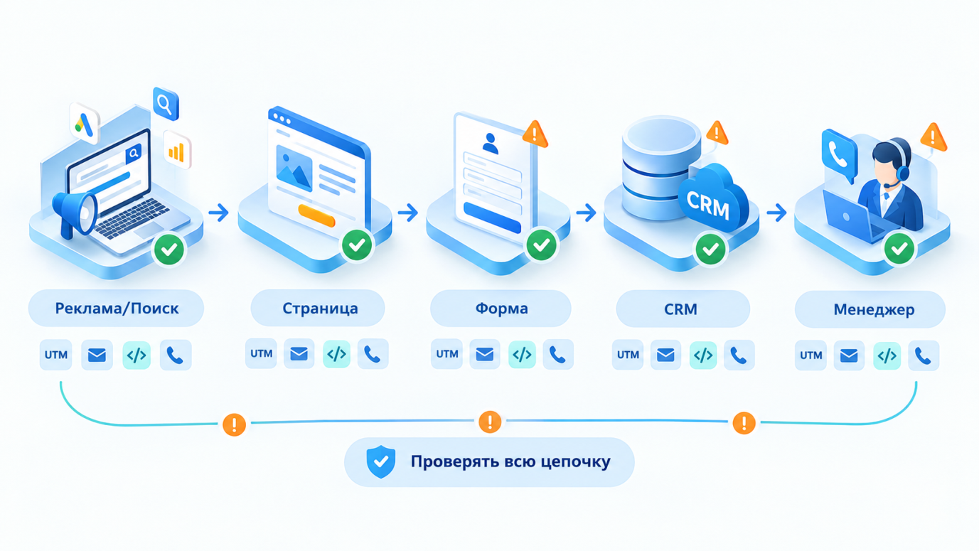 Проверка цепочки заявок: реклама и поиск, страница, форма, CRM и менеджер