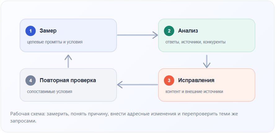 Цикл работы над видимостью бренда: замер, анализ, исправления, повторная проверка