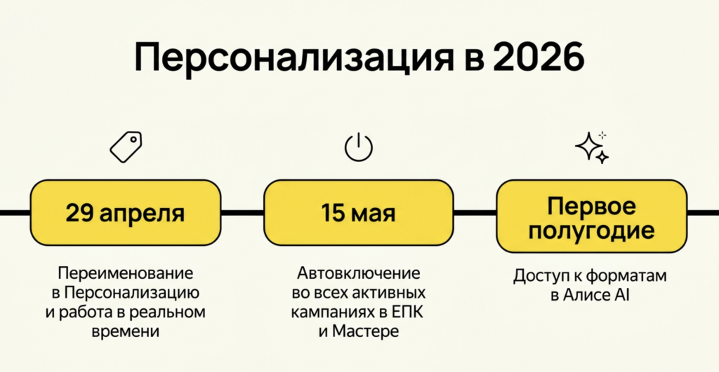 Инфографика-таймлайн ключевых событий с «Персонализацией» в 2026 году: 29 апреля, 15 мая, первое полугодие
