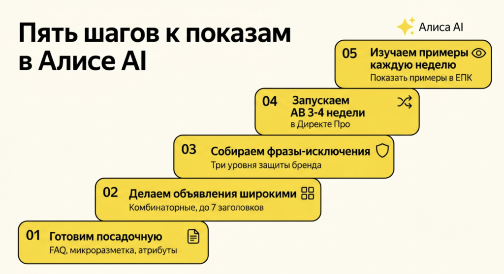 Пятишаговая схема-«лесенка» настройки «Персонализации» под Алису AI: посадочная, объявления, фразы-исключения, A/B-эксперимент, еженедельное ревью