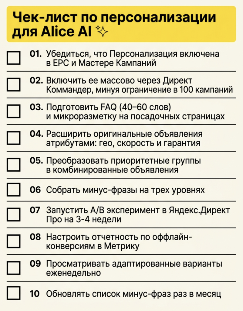 Чек-лист «Персонализация под Алису AI» в виде карточки-плаката с 10 пунктами и чекбоксами
