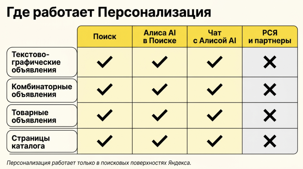 Таблица-матрица «форматы объявлений × рекламные поверхности»: где Персонализация работает в Поиске, Алисе AI, чате с Алисой AI и РСЯ