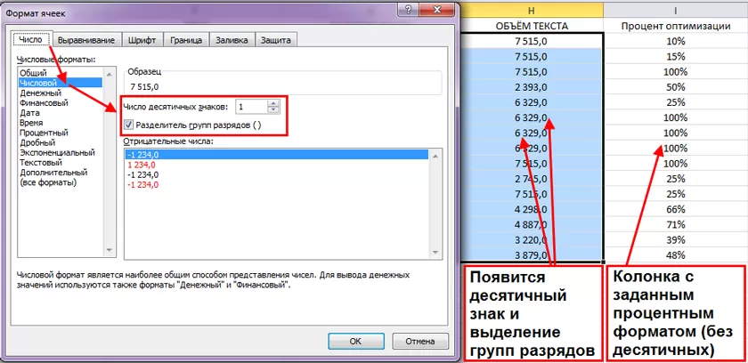 Пример численного и процентного форматов в Excel